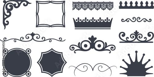 Decorative Frames, Borders and Crown Elements Set in Silhouette Style Design