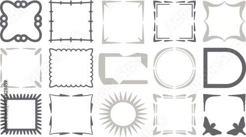 Diverse Collection of Gray Decorative Frames Abstract Borders, Floral Elements, and Geometric Shapes