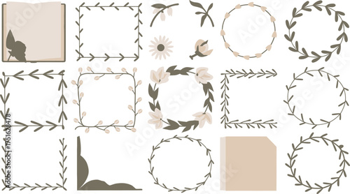 Elegant Botanical Frames and Floral Ornaments Set Illustration with Leaves, Flowers, and Paper Elements