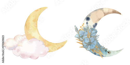 Watercolor composition in the lunar style. Moon with stars on ropes and flora elements. Image for design, printing, etc.