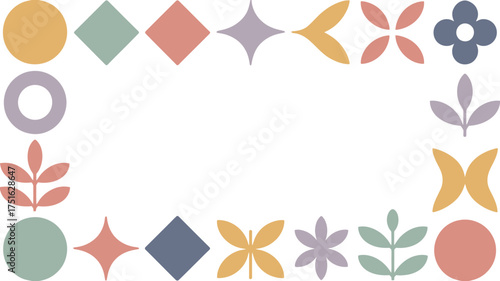 Geometric Shapes and Floral Frame Circles, Diamonds, Leaves, Stars, and Flowers Decoration
