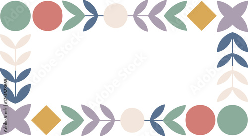 Geometric Shapes Border with Circles, Diamonds, Flowers, and Leaves Illustration on White Background
