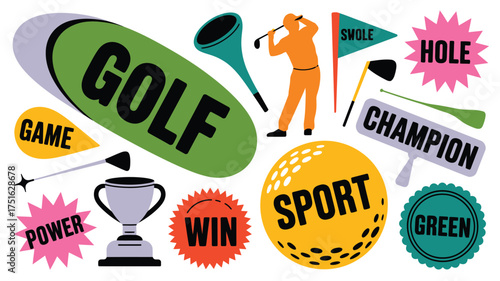 Golf Game Elements Golfer Silhouette, Ball, Champion, Trophy, Green, Hole, Power, Sport, and Win Graphics