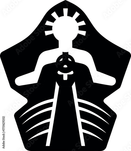 Gobekli tepe Black and white silhouette of a stylized human figure with sun rays and abstract lower body