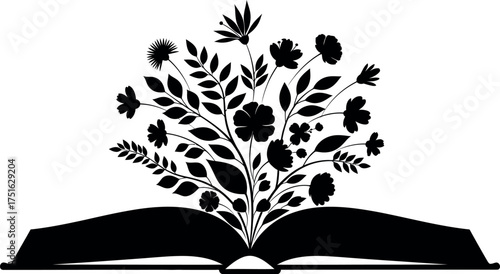 Open book with blooming flowers and leaves sprouting upward symbolizing growth and knowledge vector