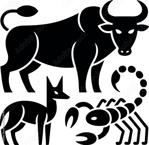 Gobekli tepe Black vector illustrations of a bull a jackal and a scorpion on white background taurus