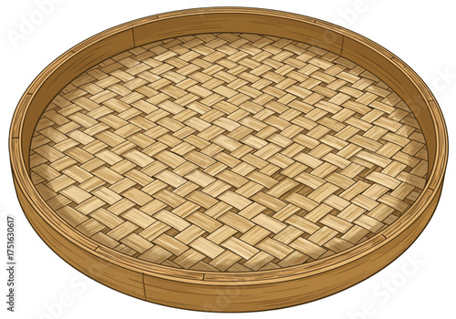 A round woven bamboo basket with a raised rim