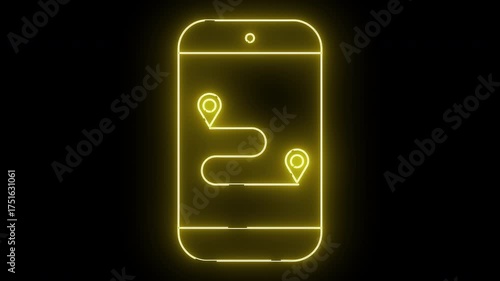 Yellow neon phone with a map route displaying two locations