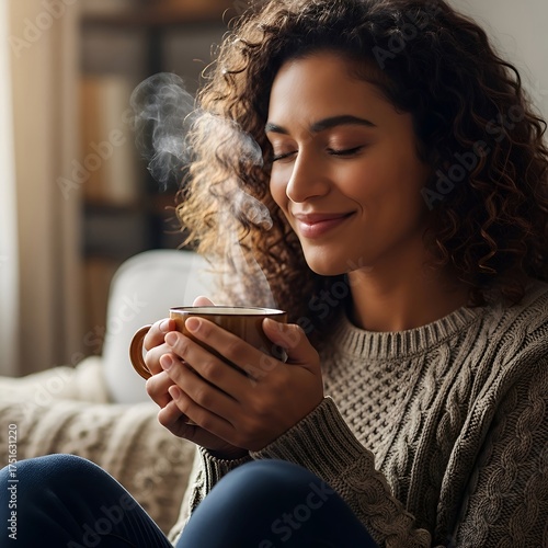 Woman Enjoying Warm Beverage in Cozy Home Setting.