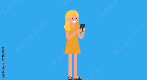 Smiling young woman happily engages with her smartphone, enjoying digital communication and social media on a bright blue background. Modern mobile technology user