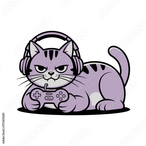 serious kitty player, wired controller grip, headset on ears, focused console session, cute feline gaming mascot vector