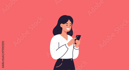 Smiling young woman using her smartphone for texting and browsing social media. Flat vector illustration of a girl with a mobile phone