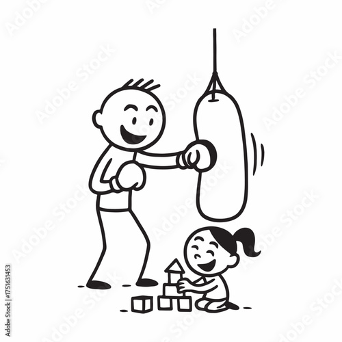 Clean black and white line art stick figure man boxing punching a hanging bag