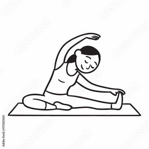 Minimal line art fitness woman stretching on yoga mat simple design