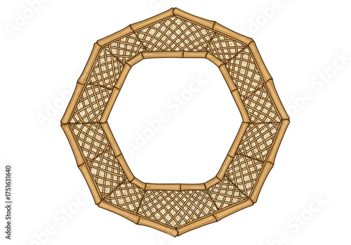 A tan bamboo octagonal frame structure with a hexagonal opening