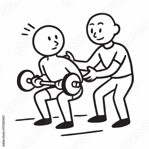 Action line art of personal trainer guiding stick figure through crossfit exercise form