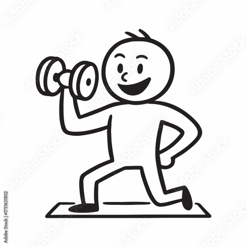 Line art stick figure with dumbbell and motivational smile for gym workouts