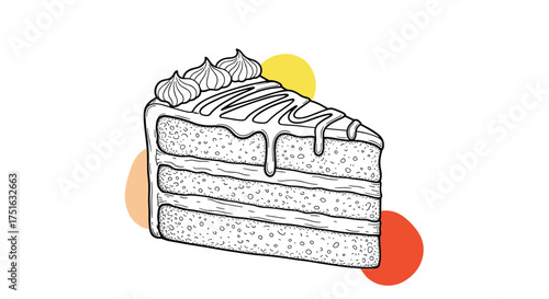 A delightful slice of layered cake with frosting and drizzled icing perfect for a celebration.