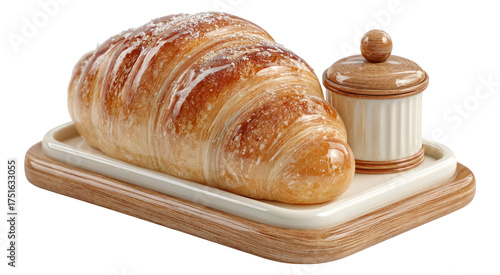Croissant on Tray with Butter Dish, Isolated on Transparent Background