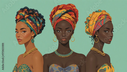 Modern African women in traditional headwraps ? minimal flat vector. Ai Generate 