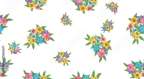 A scattering of colorful floral arrangements on a white background.