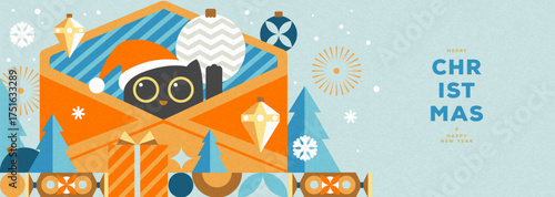 Christmas holiday flat poster or banner with funny cat, Christmas tree, gift box, baubles, and snowflakes. Christmas greeting card design. Vector illustration