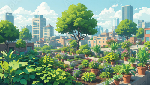 Urban rooftop garden scene ? sustainability flat vector. Ai Generate 