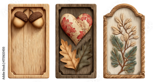 Wooden Plaques with Leaf and Heart Designs on Transparent Background