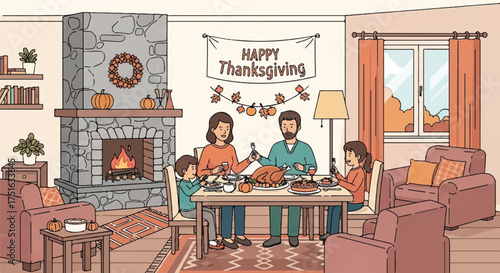 A family of four enjoys a traditional Thanksgiving dinner together in a cozy living room with a fireplace and a banner reading 'Happy Thanksgiving'.