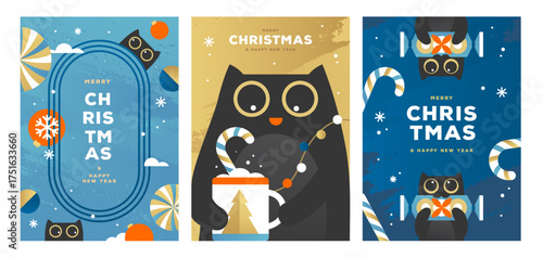 Set of Christmas holiday flat posters with funny cats, candy cane, baubles, and snowflakes. Christmas greeting card design. Vector illustration