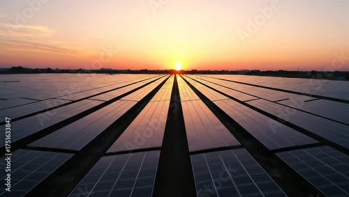 Expansive solar farm with rows of photovoltaic panels stretching to the horizon during a beautiful golden hour sunset, generating clean energy