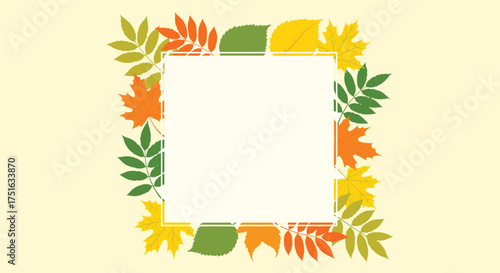 An autumnal frame of colorful leaves adorns a cream square background with a light tan border.