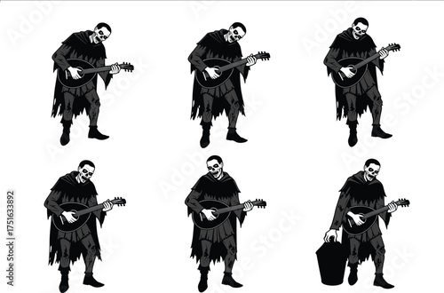 Zombie banjo player illustration, undead musician in ragged cloak, horror character vector art, gothic Halloween design, eerie musical undead concept
