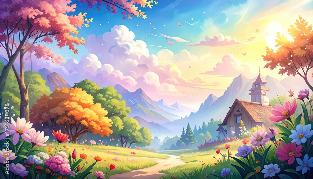 Fototapeta premium Vibrant Pixel Art Landscape with Blooming Trees and Distant Mountains Under a Bright Sunny Sky Spring Colors and Dreamy Atmosphere in a Serene Scene