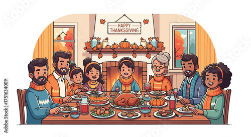 Flat vector illustration of a diverse family gathered around a table for a Thanksgiving feast in a cozy home with warm colors.