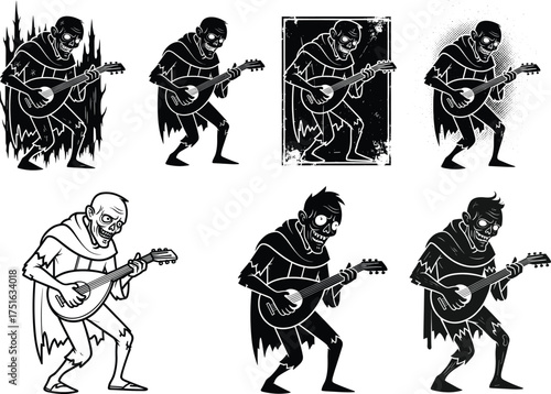 Zombie musician vector illustration, undead character playing lute, horror comic style artwork, gothic skeleton design, eerie musical undead clipart