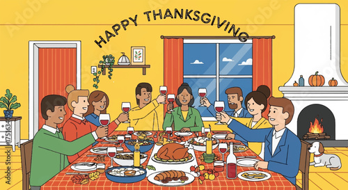 Flat vector illustration of a diverse family gathered around a festive Thanksgiving dinner table in a cozy home with warm colors.