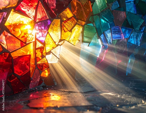 Sunlit Stained Glass: A vibrant display of colorful stained glass, with light beams radiating through, illuminating the scene.