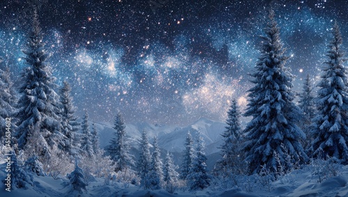 Snowy mountain forest at night under a starry sky