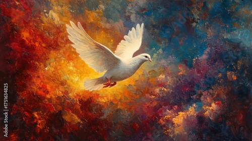 White dove in vibrant abstract sky; spiritual symbolism; artistic image