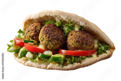 Falafel pita sandwich, sliced open, showing falafel balls, lettuce, tomato, cucumber, and a light sauce