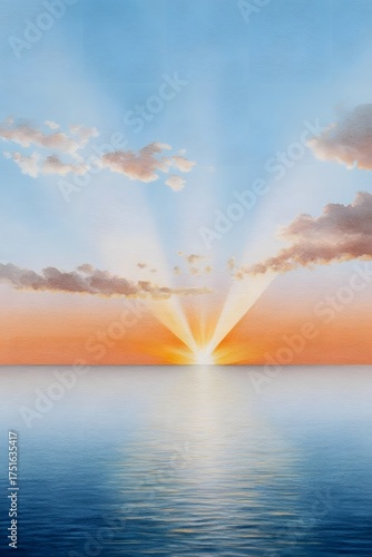 A watercolor illust n depicts a tranquil sunrise casting golden rays over a serene ocean horizon