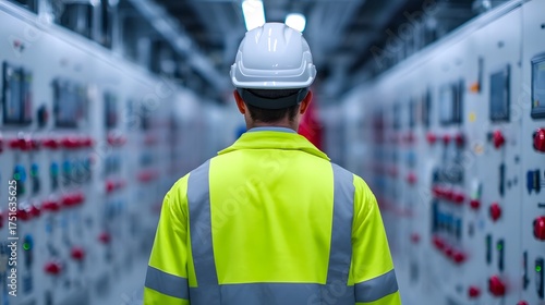 An engineer in high visibility gear inspects rows of electrical control panels in a modern industrial facility