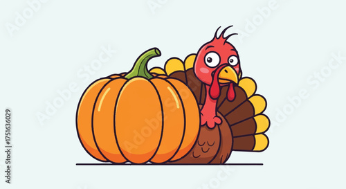 Flat vector illustration of a cartoon turkey with a pumpkin for Thanksgiving celebration on a plain background.
