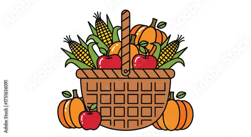 Flat vector illustration of a cornucopia filled with fruits and vegetables on a white background, perfect for Thanksgiving.