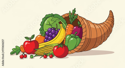 Flat vector illustration of a cornucopia overflowing with colorful fruits and vegetables on a simple background, symbolizing abundance and harvest, perfect for Thanksgiving celebrations.