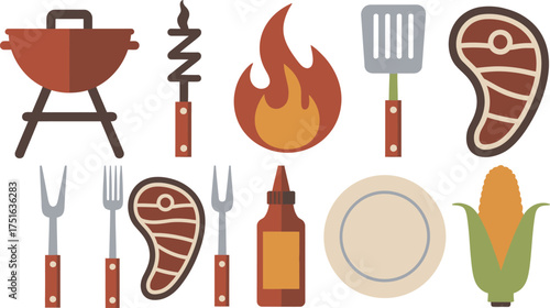 Illustration of a BBQ Grill with Steak, Corn, Utensils, Sauce, and Fire for Summer Cookout