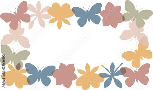 Pastel Butterflies and Flowers Arranged in a Rectangular Frame on a White Background