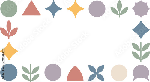 Pastel Geometric Shapes Border Circles, Triangles, Stars, Leaves, Diamonds, and Flower on White Background