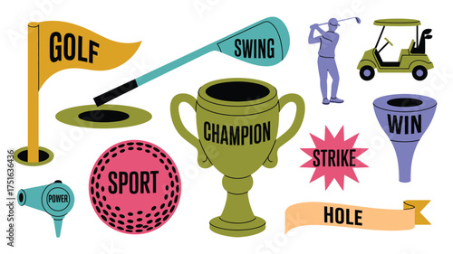 Playful Golf Icon Set Featuring Cart, Champion Trophy, Golf Flag, Club, and Ball